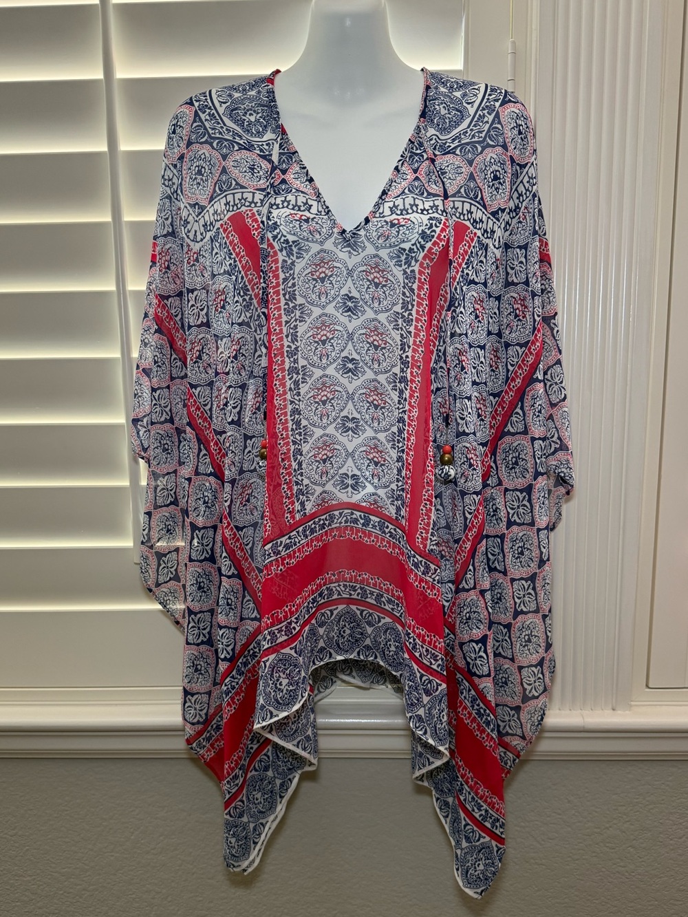 Hale Bob Chiffon DijaPoncho Tunic Caftan Red Navy Patchwork Beaded Tie Small
